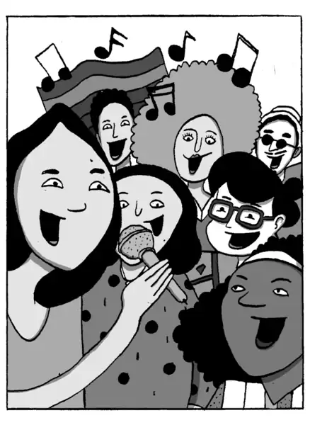 Ein gezeichnetes Bild von einer Gruppe Jugendlicher, die gemeinsam in ein Mikrofon singen.